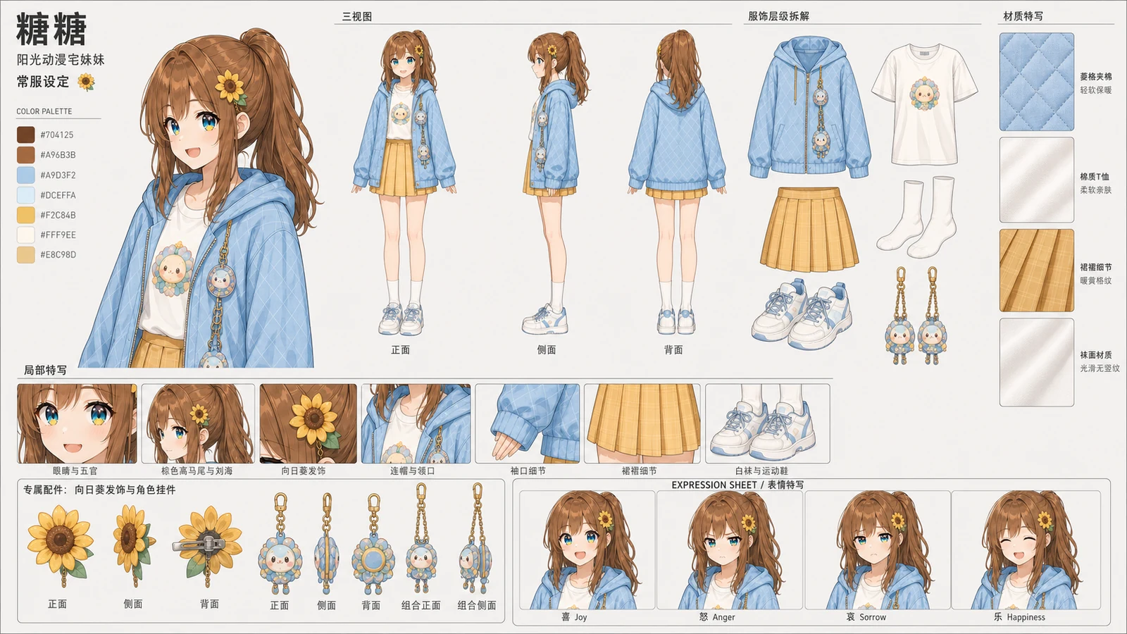 糖糖角色设定板，含三视图、色卡、服饰细节及表情